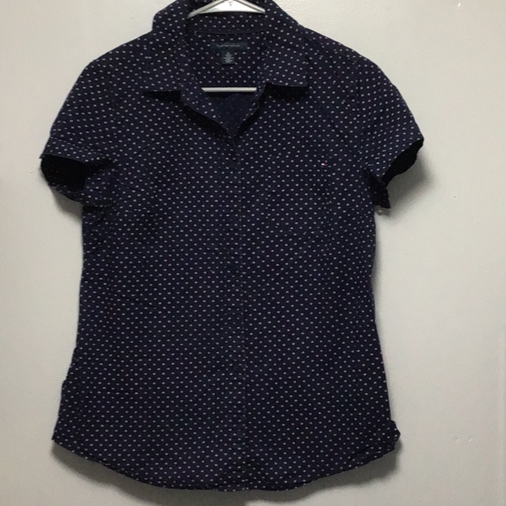 Tommy Hilfiger button down shirt size medium.Color is navy blue with white dots